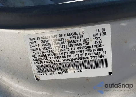 2009 Honda Odyssey Ex из США, поврежденный, VIN 5FNRL38479B038430